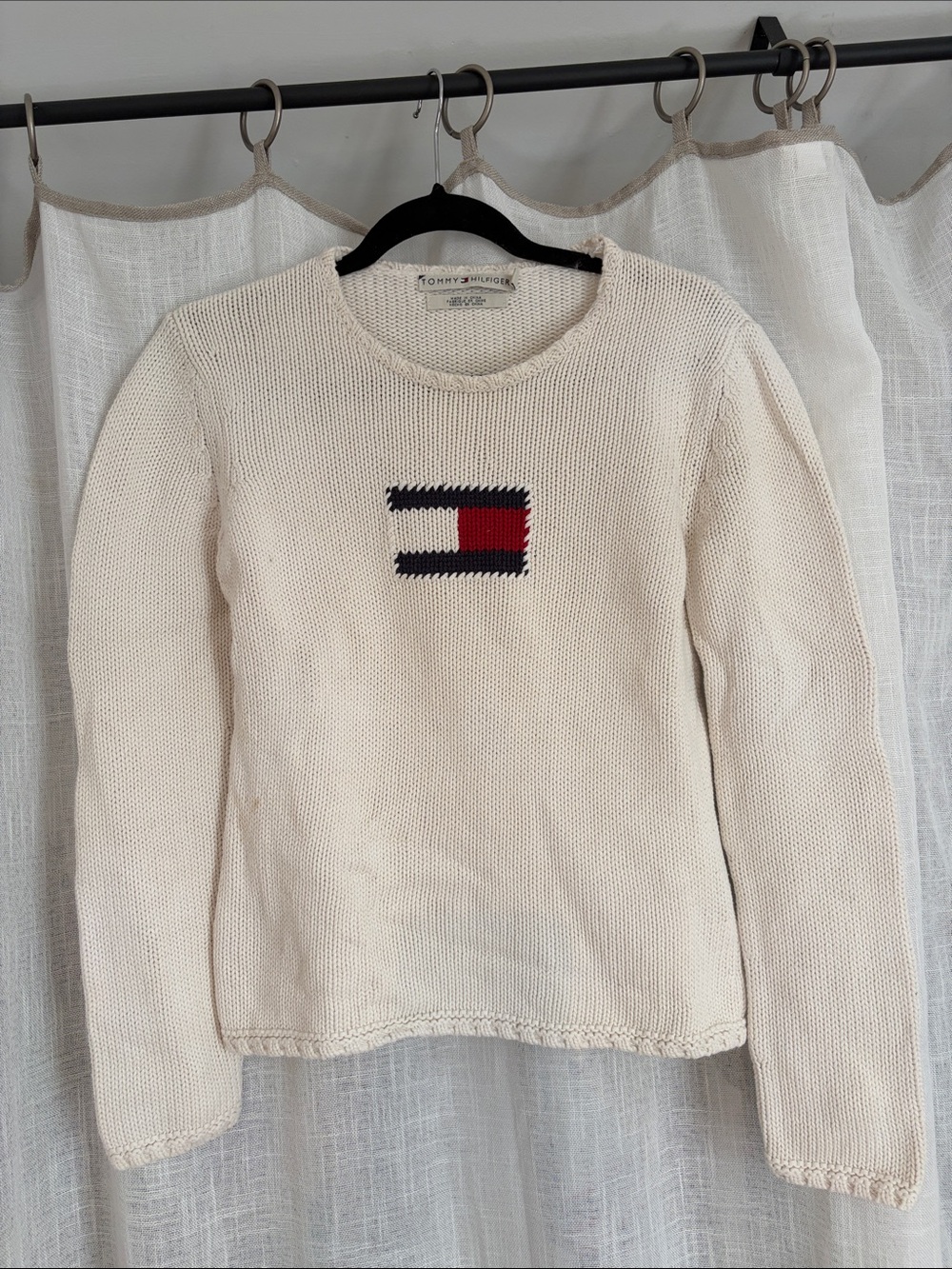 Tommy Hilfiger Cream Knit Crewneck Sweater with Signature Flag
